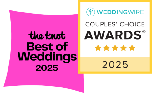 Image showing awards: "The Knot Best of Weddings 2025" in pink, and "WeddingWire Couples' Choice Awards 2025" with a five-star rating.